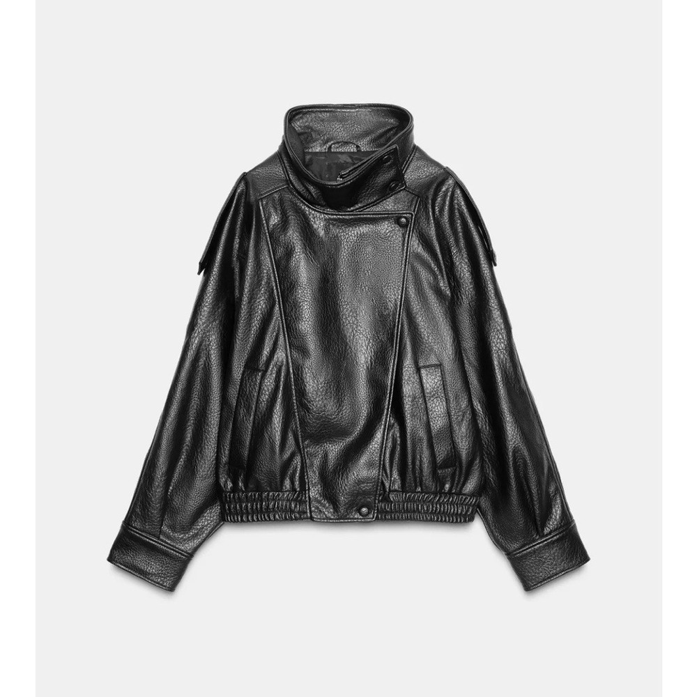 Zara Black faux Leather VIRAL Funnel neck  Jacket new with tags small